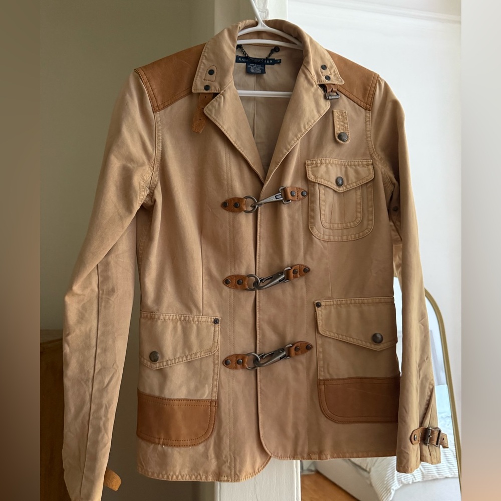 Ralph Lauren Tan Military Field Jacket with Brown Leather Accents